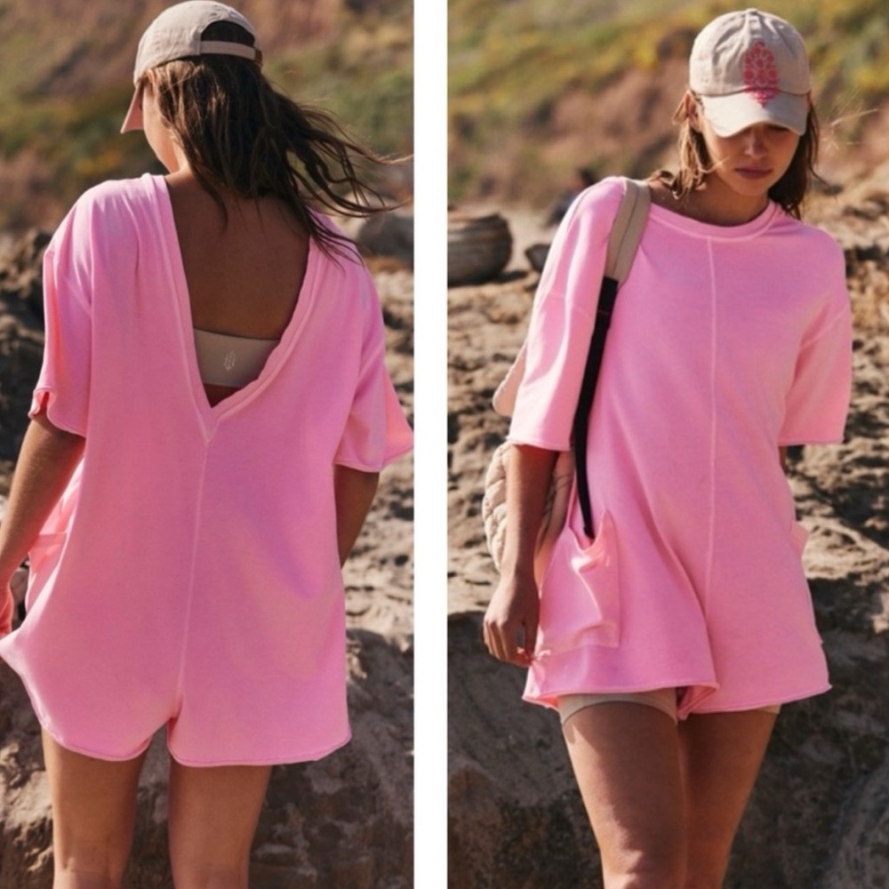 FP Movement by Free People Pink Short Sleeve V-Neck Back Romper - Picture 4 of 6